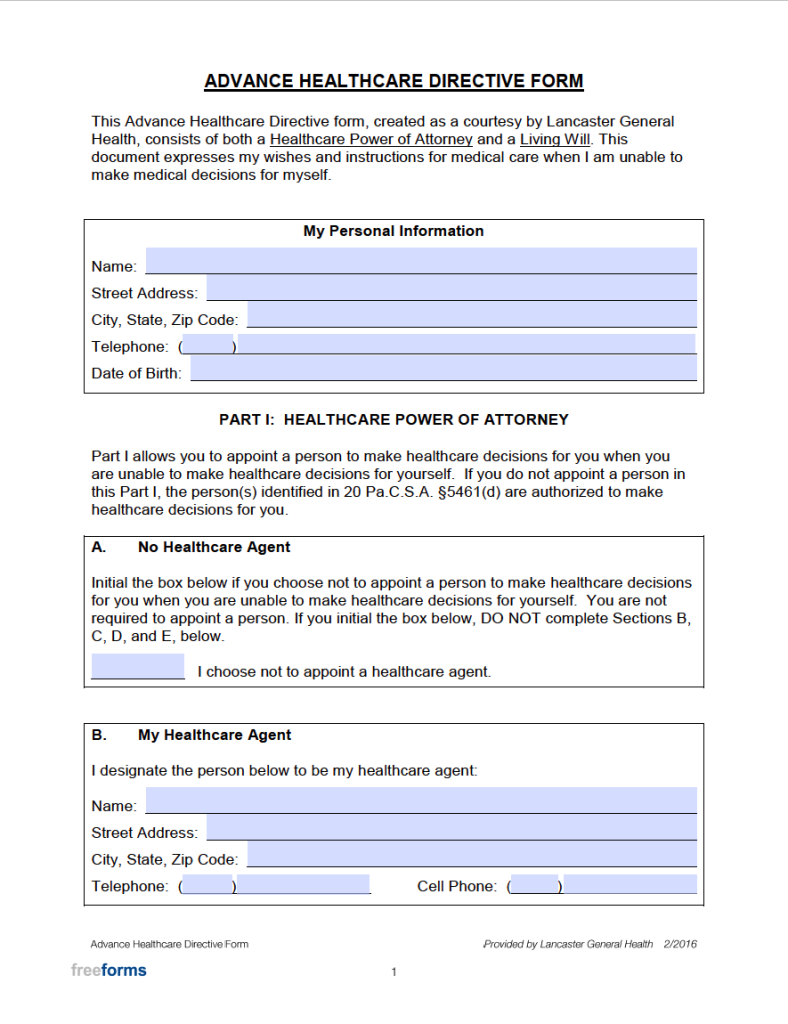 Free Pennsylvania Advance Directive Form (Medical POA & Living Will) | PDF