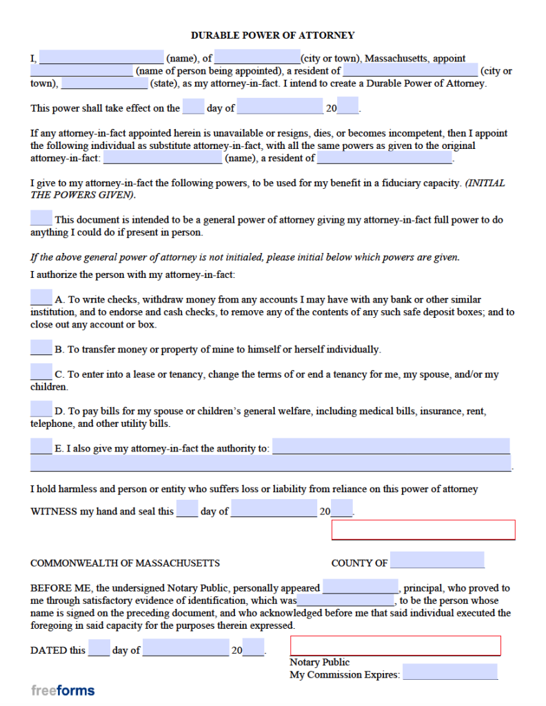 Free Massachusetts Durable Financial Power Of Attorney Form Pdf Word 
