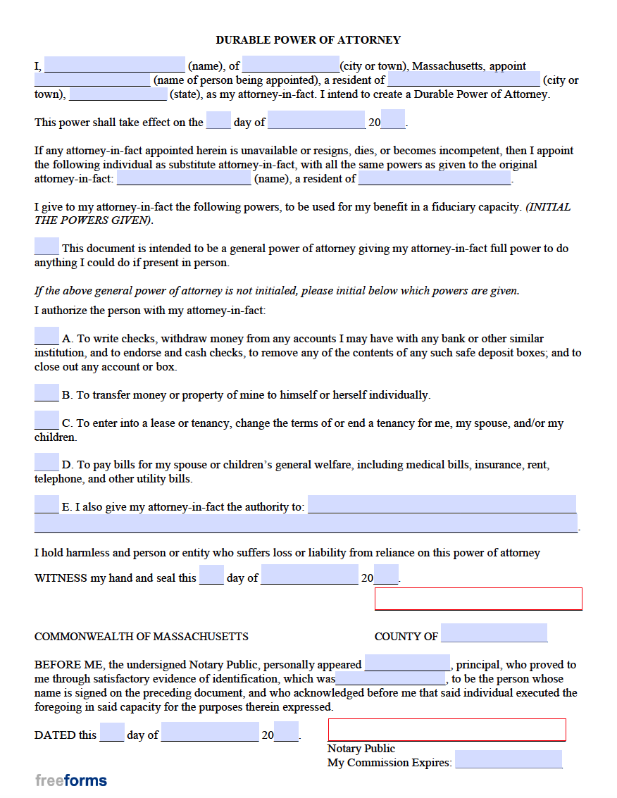 Free Massachusetts Durable (Financial) Power of Attorney Form | PDF | WORD