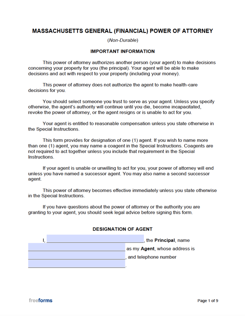 Free Massachusetts Power of Attorney Forms PDF WORD