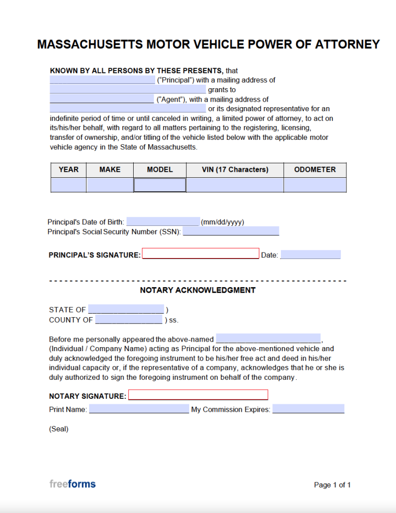 Free Massachusetts Motor Vehicle Power of Attorney Form | PDF | WORD