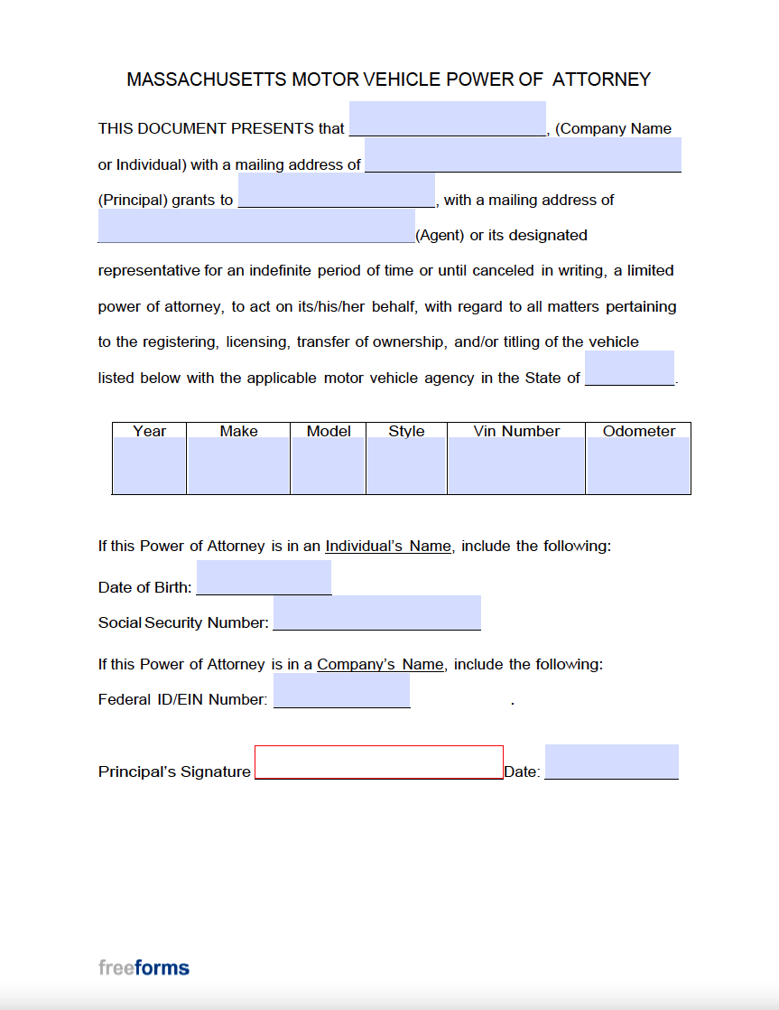 Free Massachusetts Motor Vehicle Power of Attorney Form | PDF | WORD