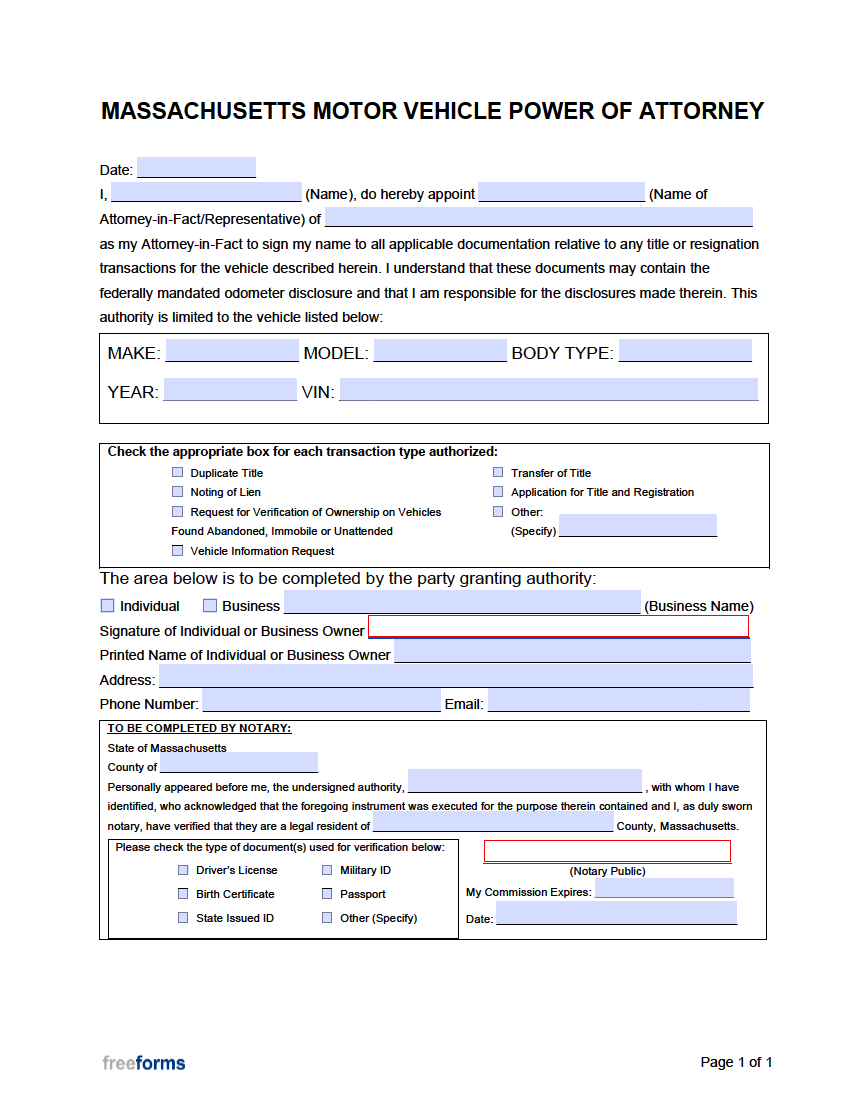 Free Massachusetts Motor Vehicle Power of Attorney Form | PDF | WORD