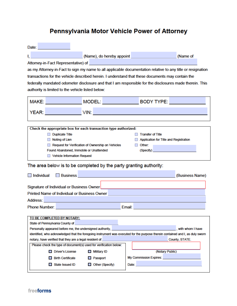 Free Pennsylvania Motor Vehicle Power of Attorney Form | PDF | WORD