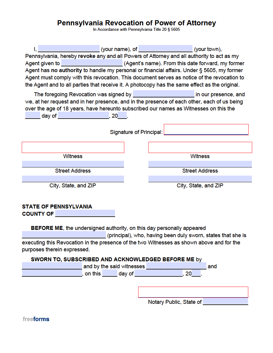 Free Pennsylvania Revocation of Power of Attorney Form PDF WORD