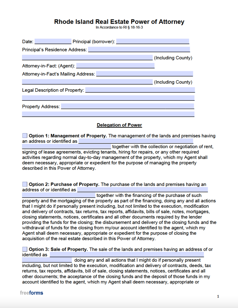 Free Rhode Island Real Estate Power of Attorney Form PDF WORD