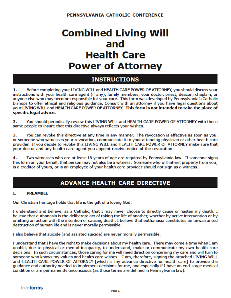 Free Pennsylvania Advance Directive Form (Medical POA & Living Will) PDF