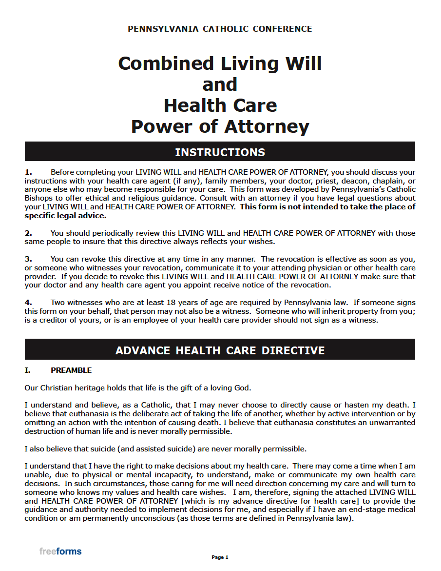 Free pennsylvania advance directive form medical poa living will pdf