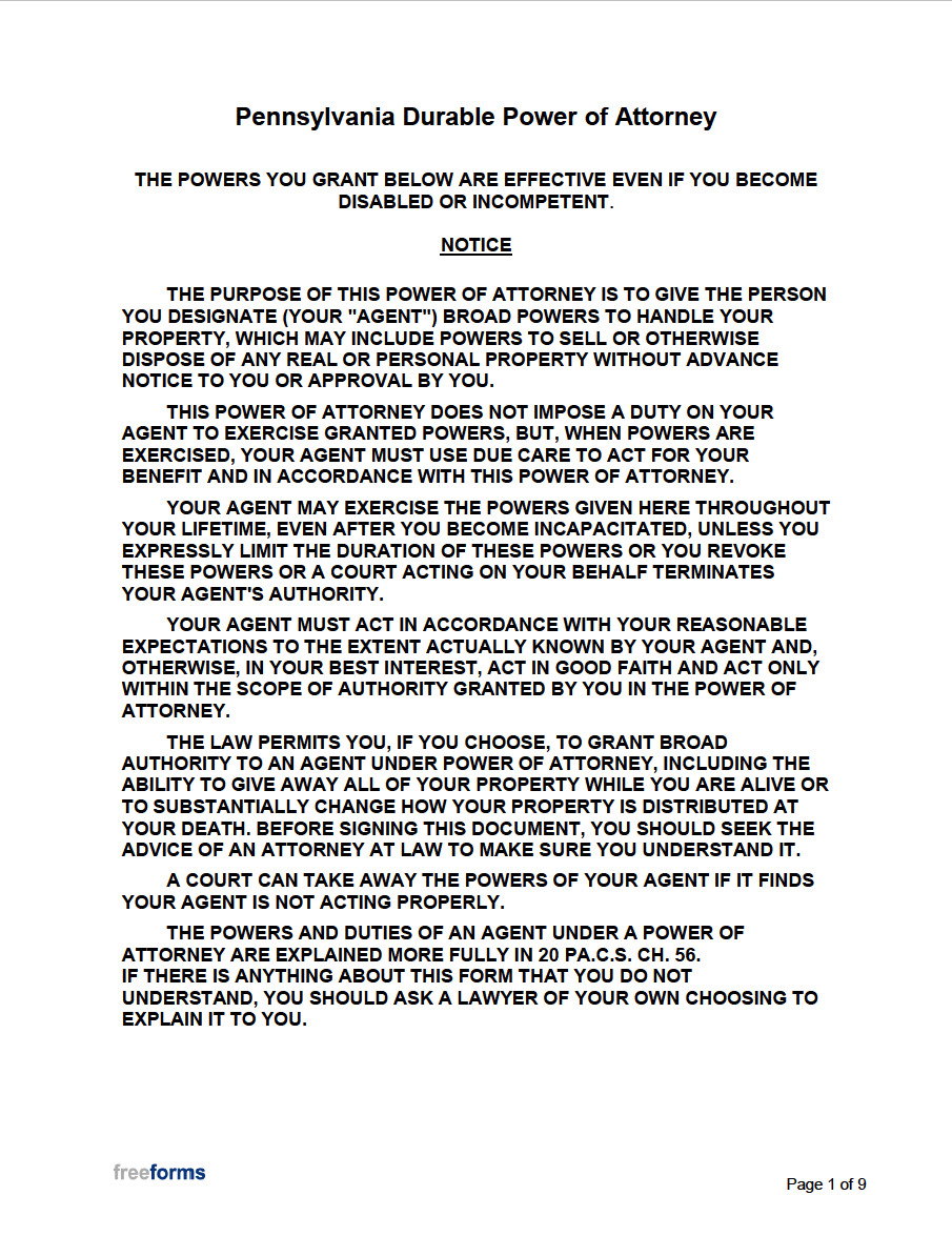 Free Pennsylvania Power of Attorney Forms | PDF | Word