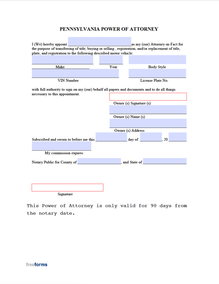 Free Pennsylvania Motor Vehicle Power of Attorney Form | PDF | WORD