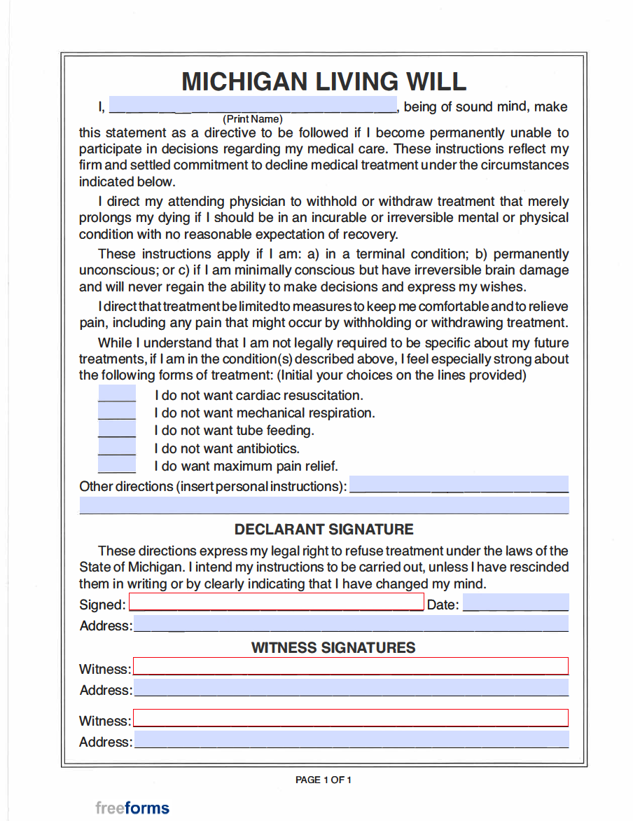 Free Michigan Living Will Form PDF