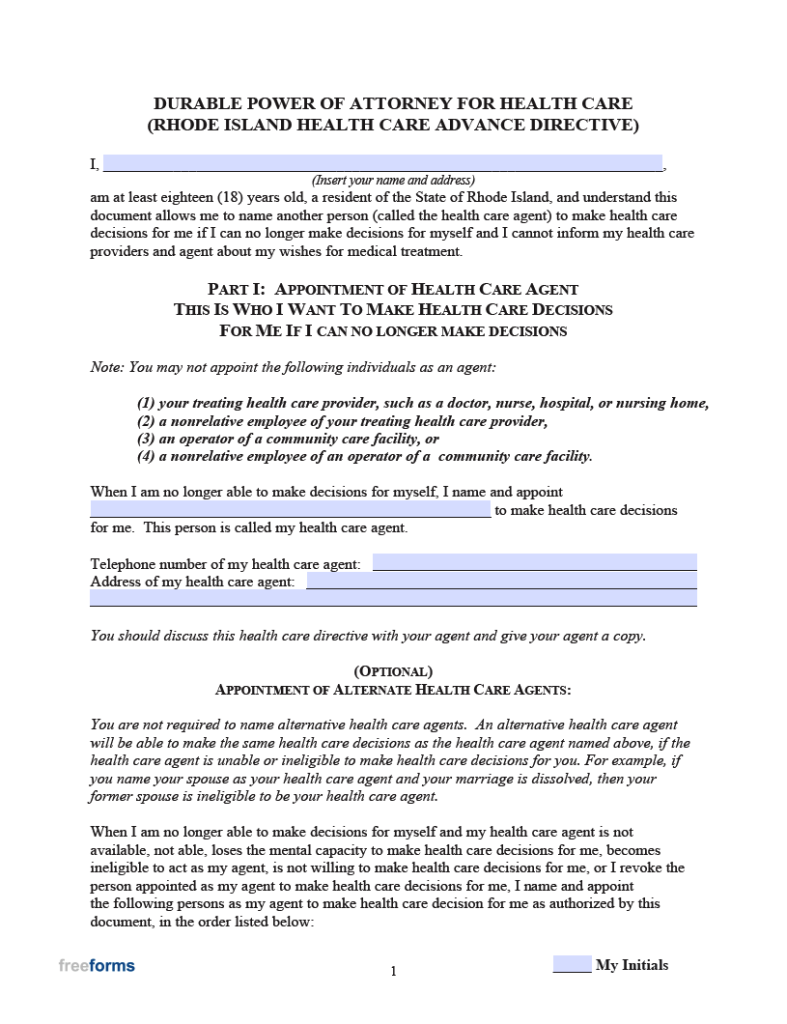 Free Rhode Island Medical Power of Attorney Form | PDF