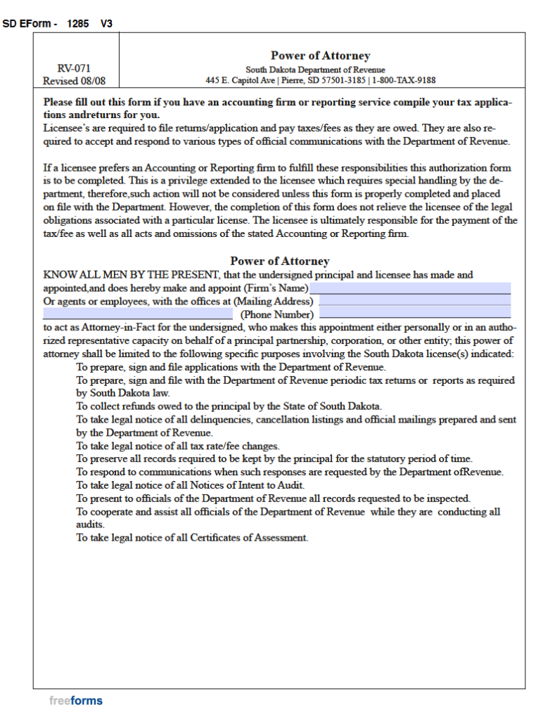 Free South Dakota Tax Power of Attorney Form PDF