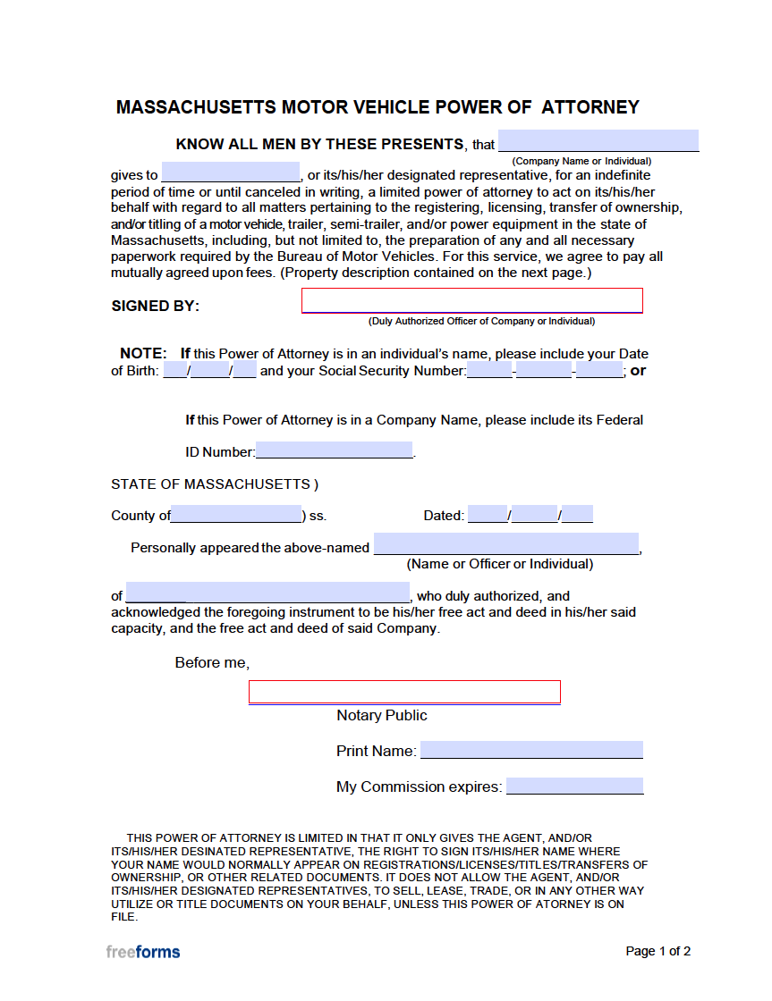 Free Massachusetts Motor Vehicle Power of Attorney Form | PDF | WORD