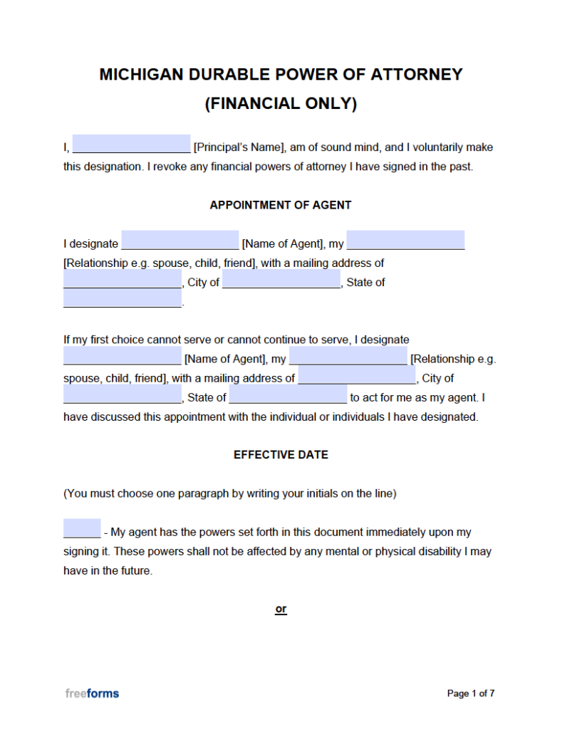 Free Michigan Durable Financial Power Of Attorney Form Pdf 6879