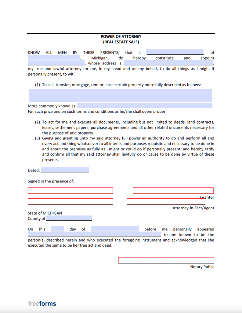 Free Michigan Real Estate Power of Attorney Form PDF WORD