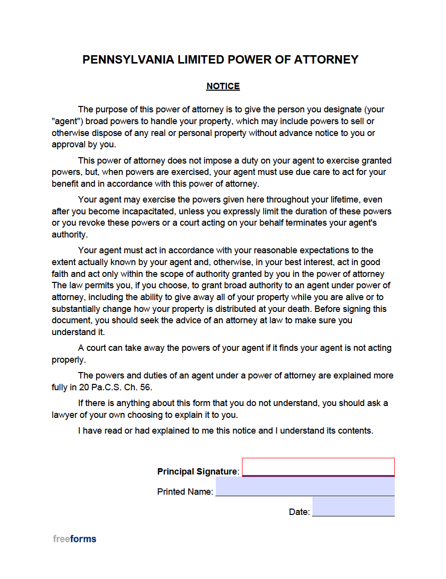 Free Pennsylvania Limited Special Power Of Attorney Form Pdf Word