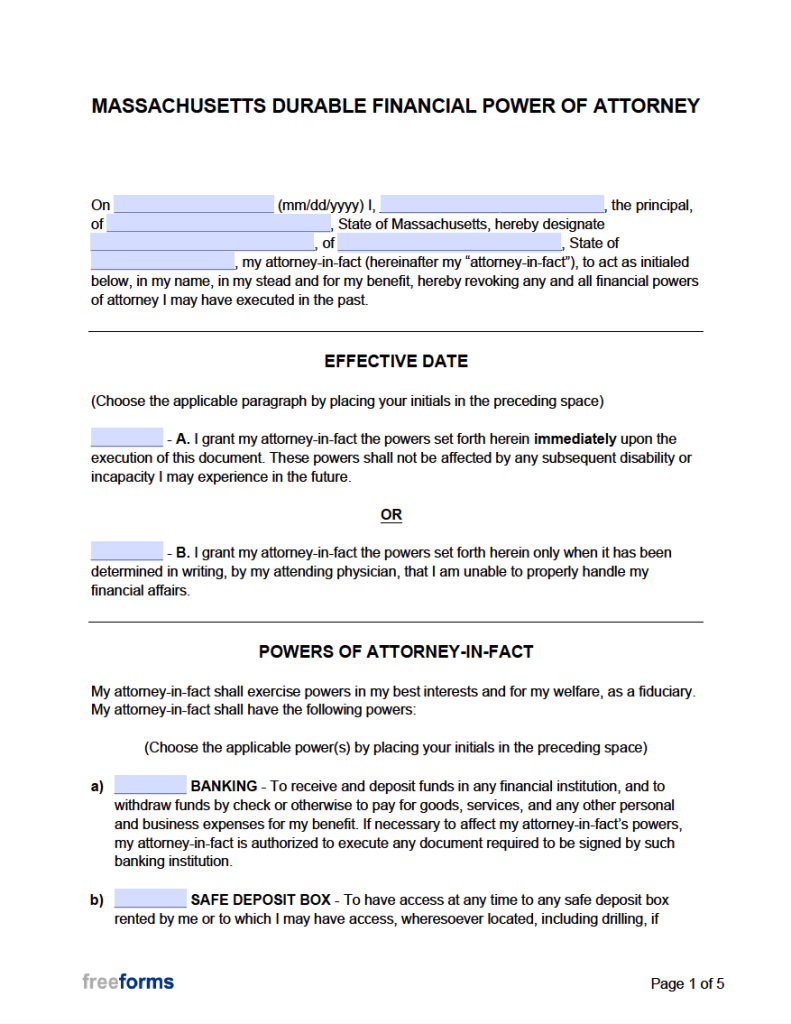 Free Massachusetts Durable (Financial) Power of Attorney Form | PDF | WORD