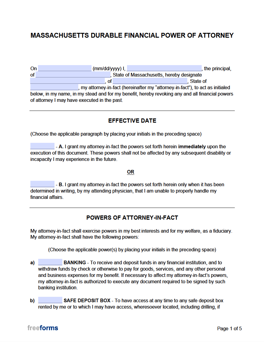 Free Massachusetts Durable Financial Power Of Attorney Form Pdf Word 9564