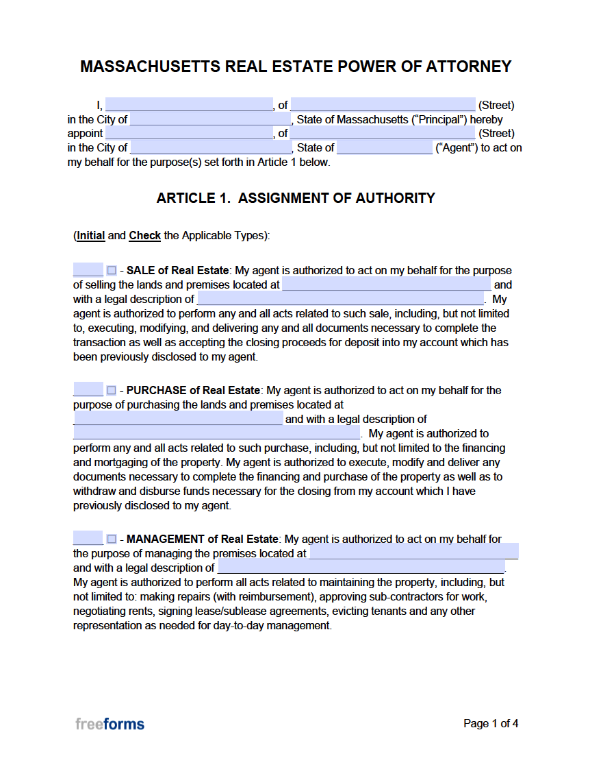 Free Massachusetts Real Estate Power of Attorney Form PDF WORD