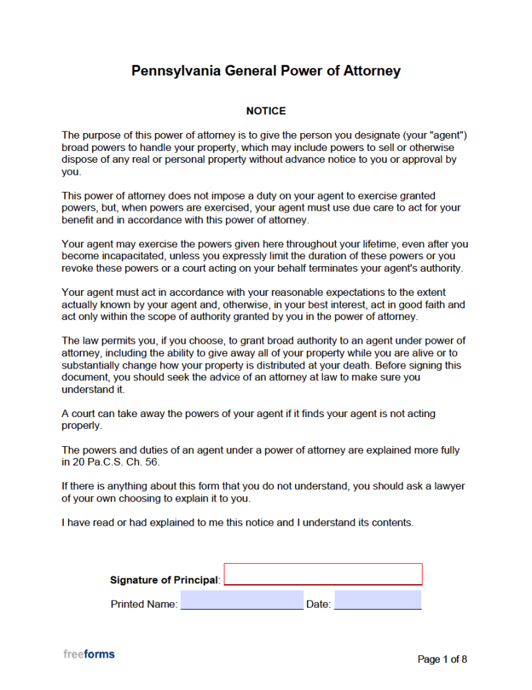 Free pennsylvania general financial power of attorney form pdf word
