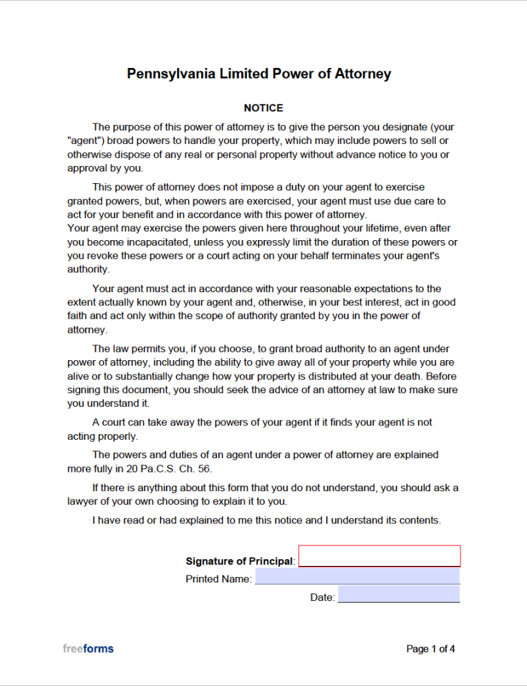 Free Pennsylvania Limited Special Power Of Attorney Form Pdf Word