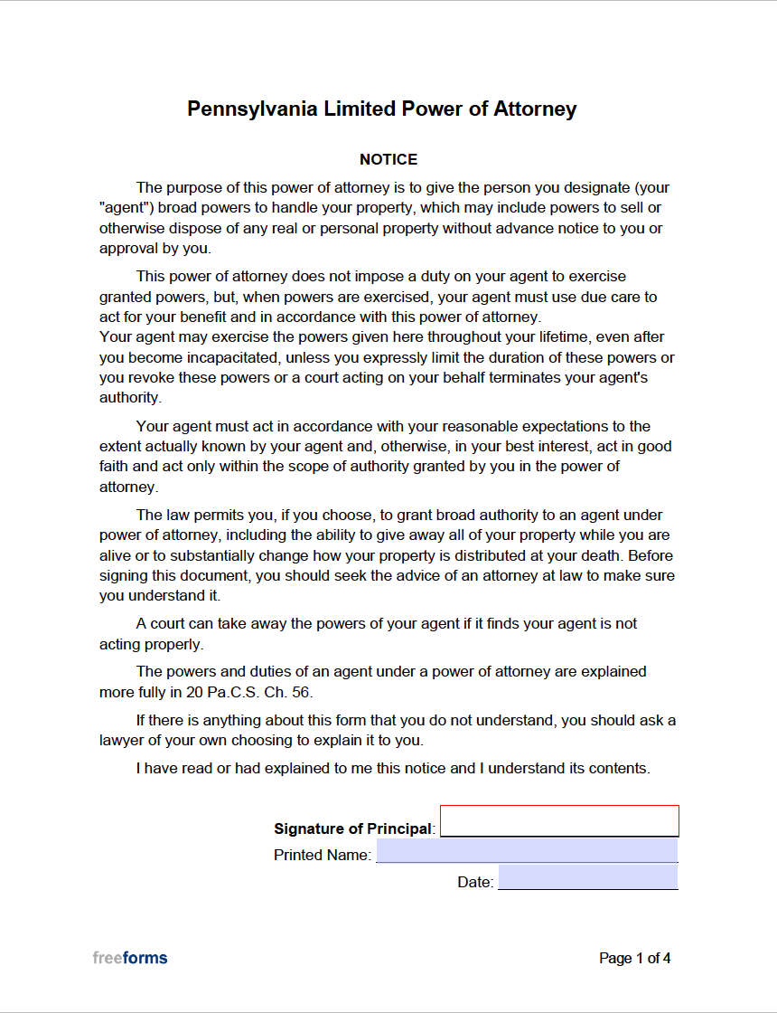 Free Pennsylvania Limited (Special) Power of Attorney Form PDF WORD