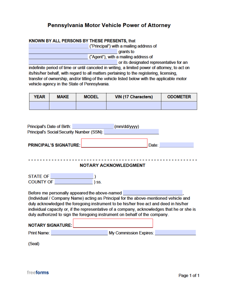 Free Pennsylvania Motor Vehicle Power of Attorney Form | PDF | WORD