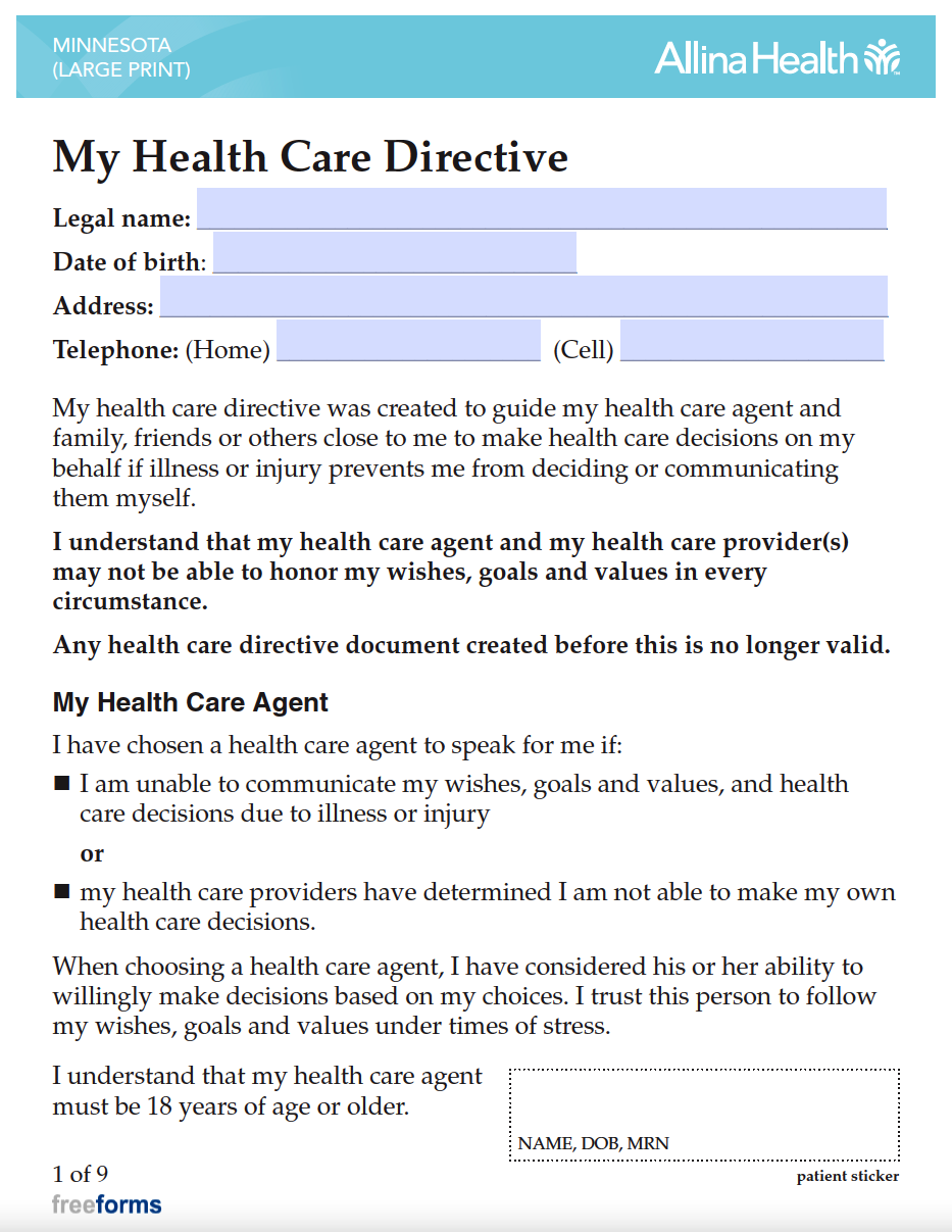 Free Minnesota Advance Directive Form (Medical POA & Living Will) PDF