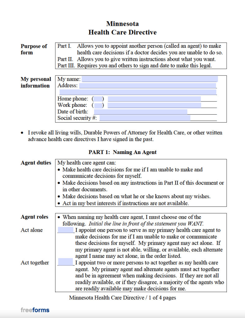 Free Minnesota Advance Directive Form (medical Poa & Living Will) 