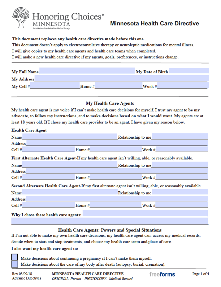 Free Minnesota Advance Directive Form (Medical POA & Living Will) | PDF