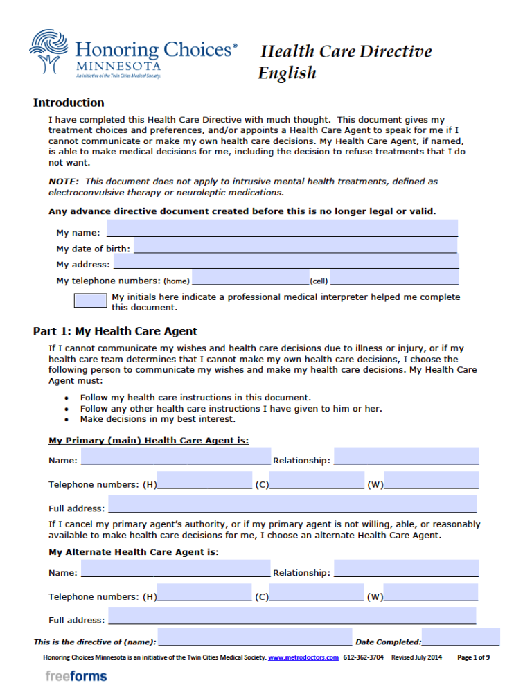 Free Minnesota Advance Directive Form Medical POA Living Will PDF