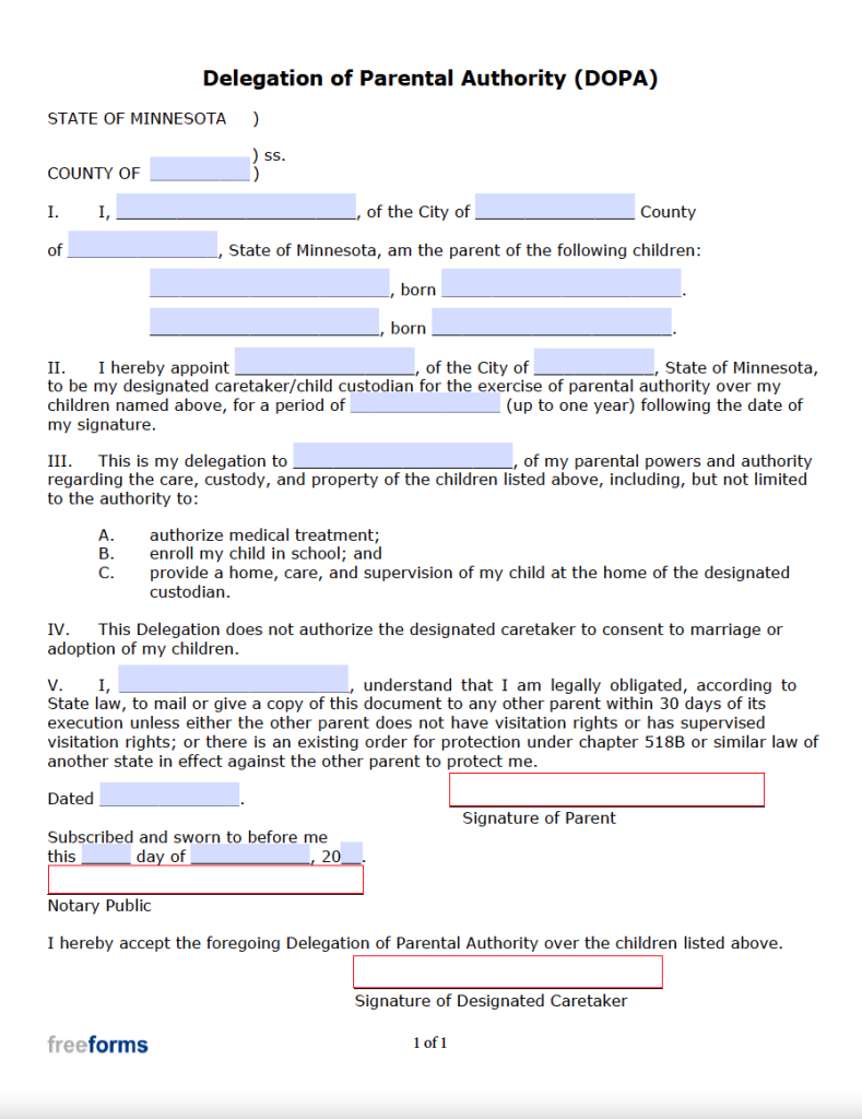 Free Minnesota Minor Child Power of Attorney Form PDF
