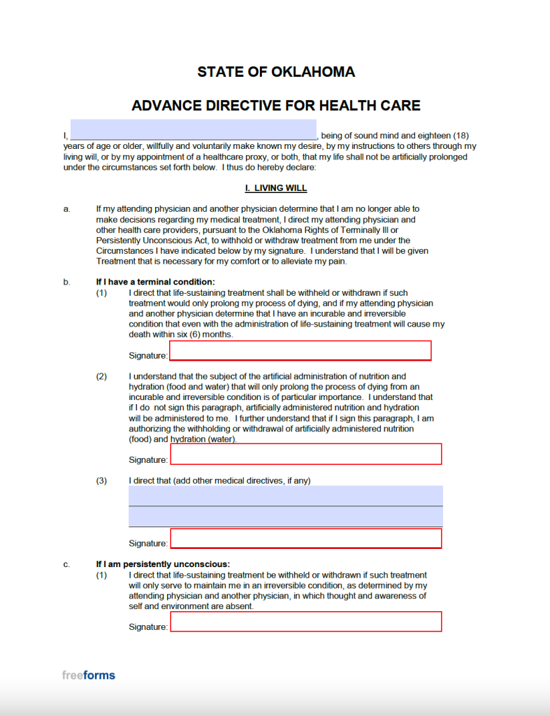 Free Oklahoma Advance Directive Form (Medical POA & Living Will) PDF