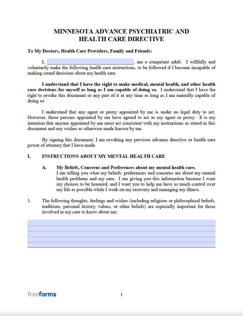 Free Minnesota Advance Directive Form Medical Poa Living Will Pdf