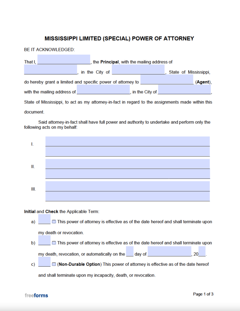 Free Mississippi Power of Attorney Forms | PDF | WORD