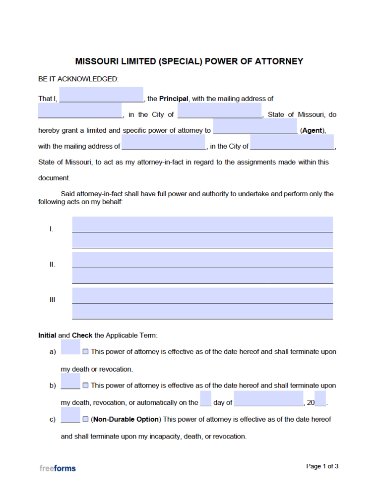 Free Missouri Limited Special Power Of Attorney Form PDF WORD