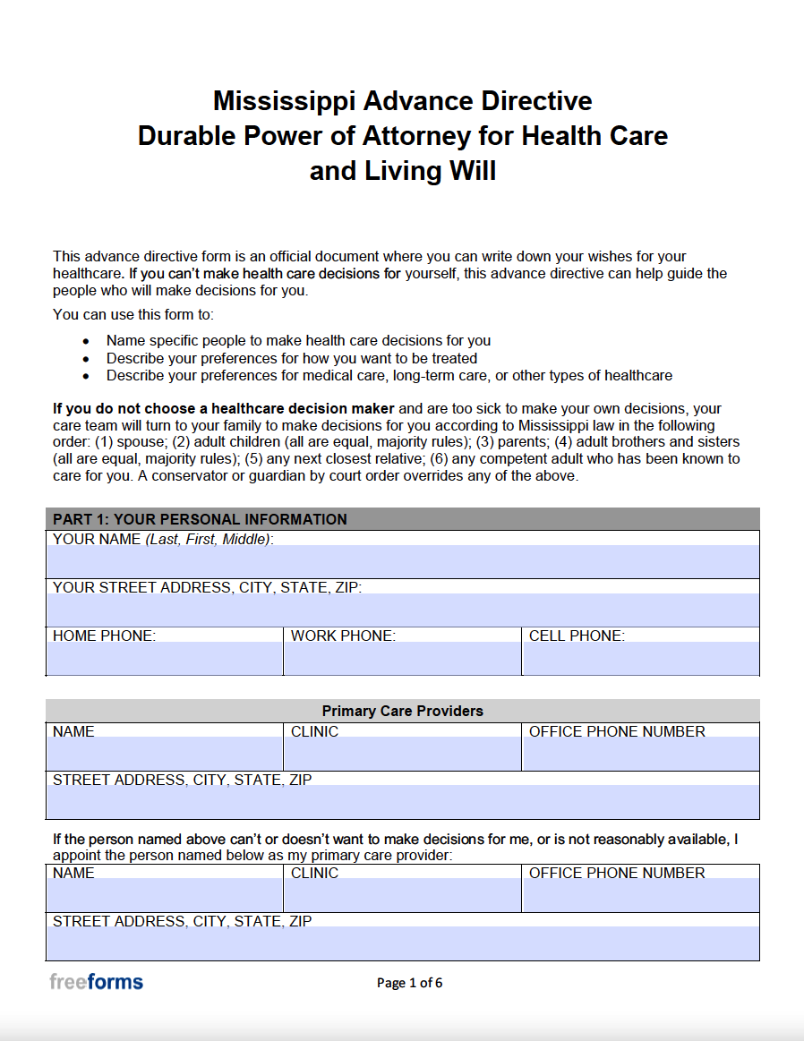 Free mississippi advance directive form medical poa living will pdf