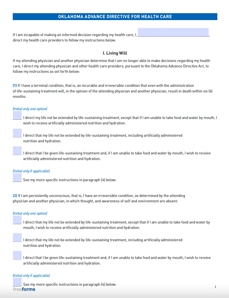 Free Oklahoma Advance Directive Form (Medical POA & Living Will) PDF