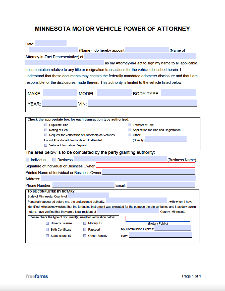 Free Minnesota Motor Vehicle Power of Attorney Form | PDF