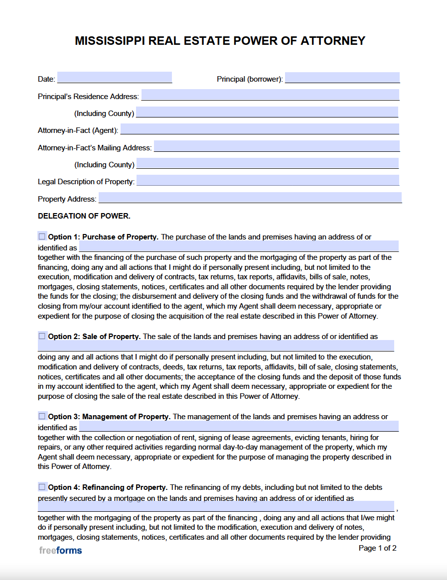 Free Mississippi Real Estate Power of Attorney Form PDF WORD