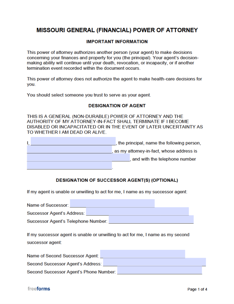 Free Missouri General (Financial) Power of Attorney Form | PDF | WORD