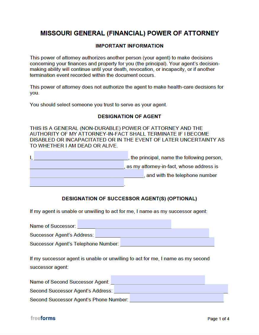 Free Missouri General Financial Power Of Attorney Form PDF WORD