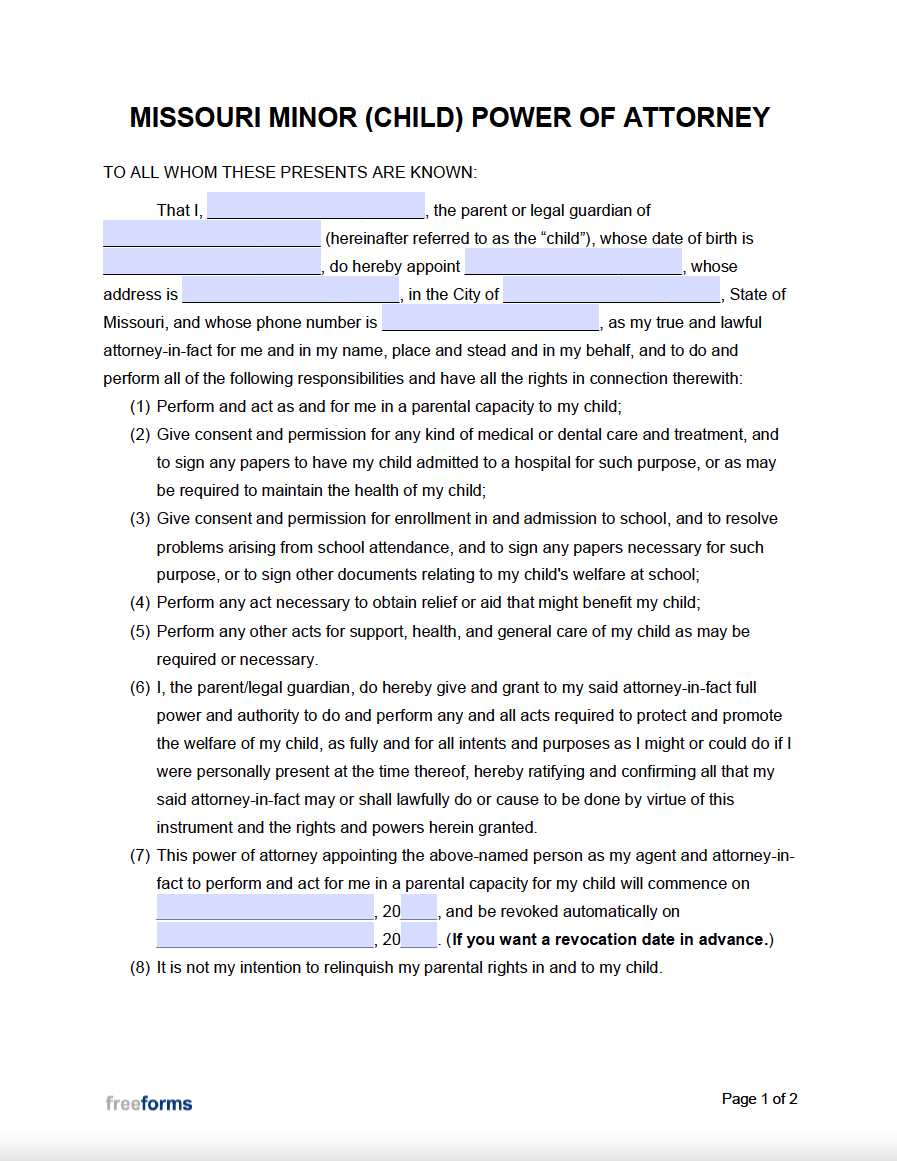 Free Missouri Minor Child Power Of Attorney Form PDF WORD