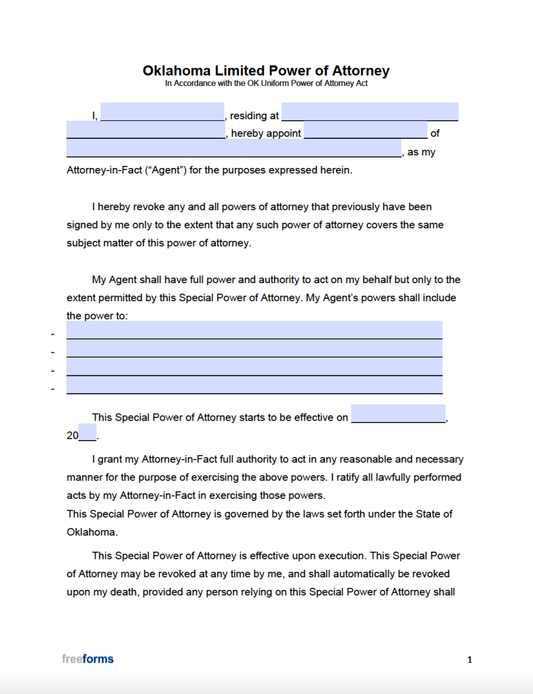 Free Oklahoma Limited (Special) Power of Attorney Form | PDF | WORD