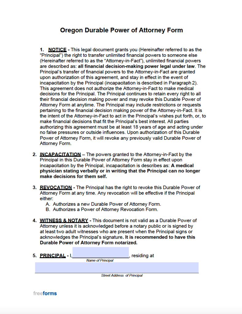 Free Printable Durable Power Of Attorney Form Oregon Printable Forms 