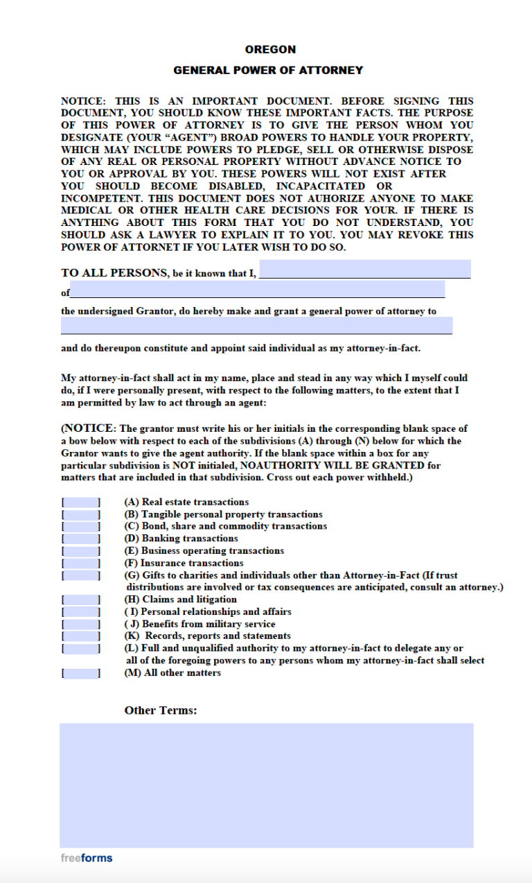 Free Oregon General Financial Power Of Attorney Form Pdf Word