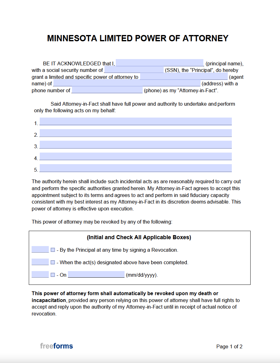 Free Minnesota Limited (Special) Power of Attorney Form | PDF | WORD