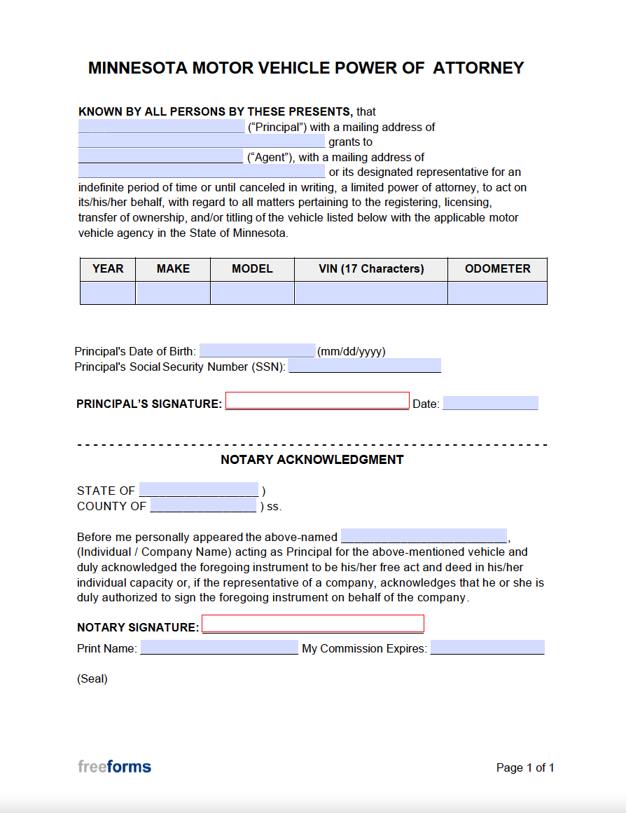 Free Minnesota Motor Vehicle Power of Attorney Form | PDF