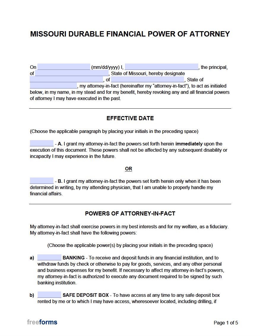 Free Missouri Durable Financial Power Of Attorney Form Pdf 